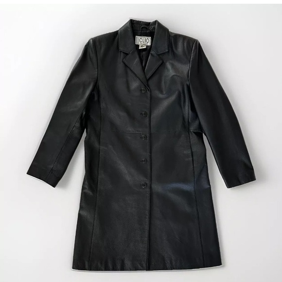Clio Womens Black Leather Pockets Long Sleeve Collared Trench Coat Size 4 - Picture 1 of 6
